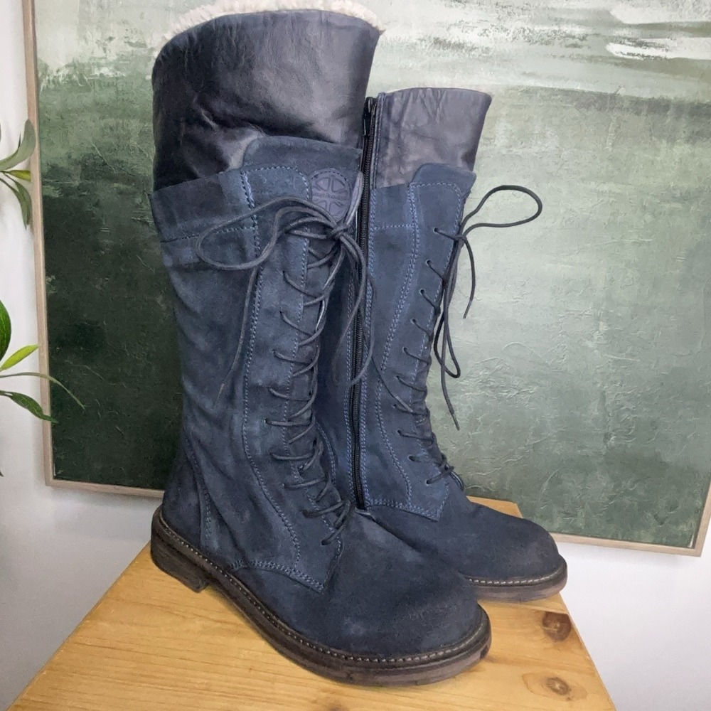 Vintage Foundry Kelly Boots Women 7 Blue Leather Knee High Faux Fur VFL271